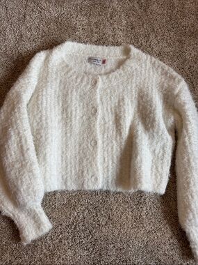 Hello Molly White Fuzzy Cropped Button Cardigan